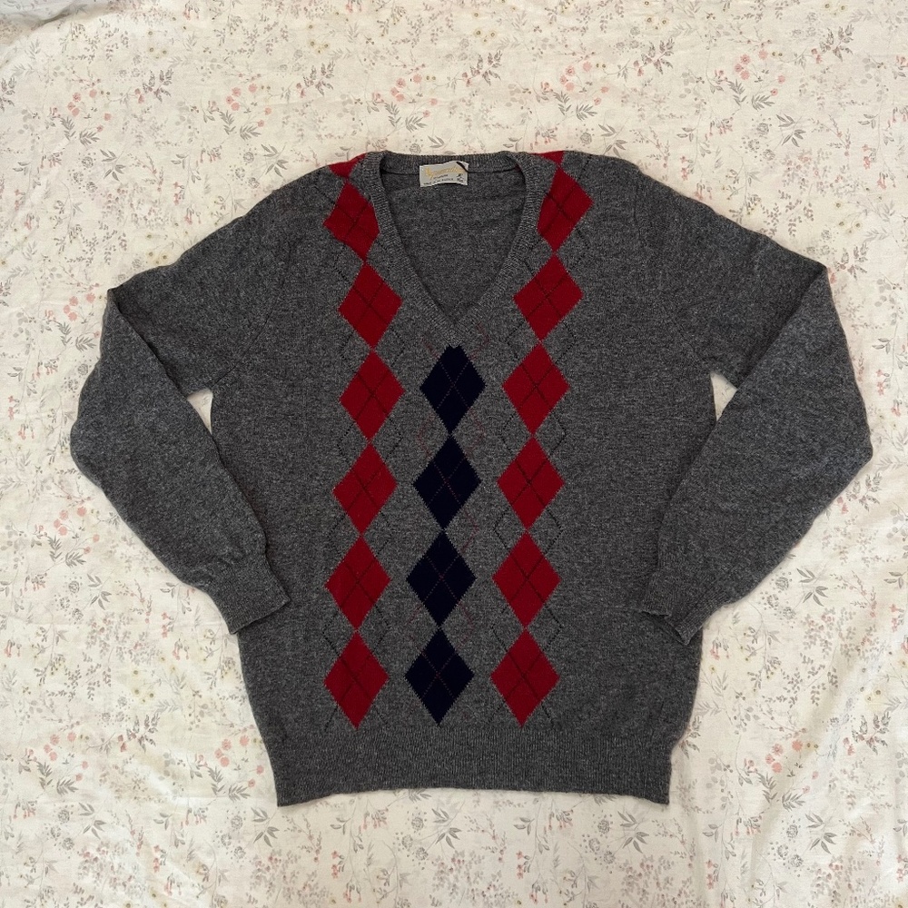 Vintage Aquascutum 100% Lambswool Argyle Sweater Made in England Knit